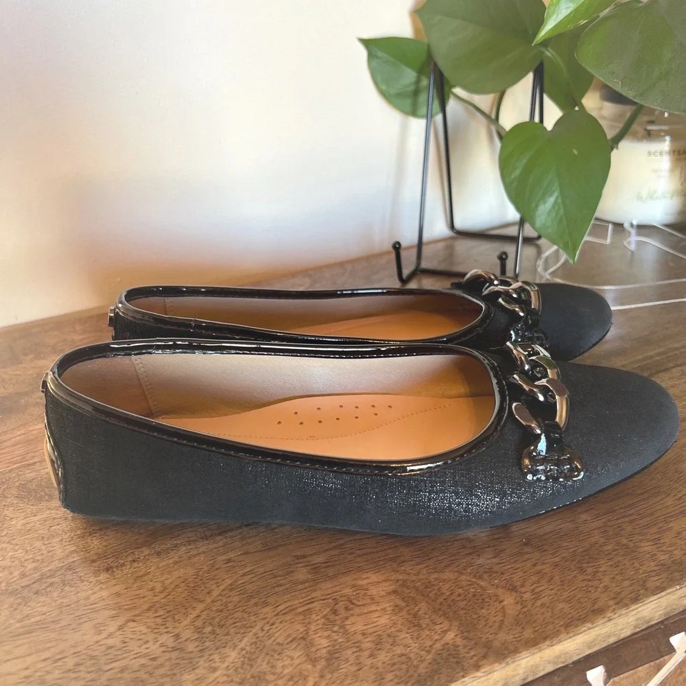 Donald Pliner Black Shimmer Chain Link Ballet Flats Women 8.5 Patent Trim Loafer